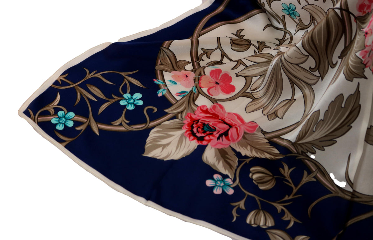 Shiraleah Navy Floral Square Scarf with ornate white, pink, and blue flower and brown leaf pattern