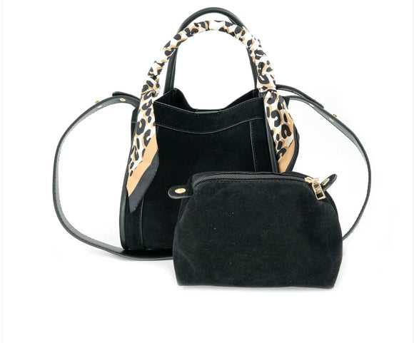 BC Bags Gianna Suede Bag, a stylish black suede handbag with a chic leopard print scarf detail and a coordinating mini pouch.