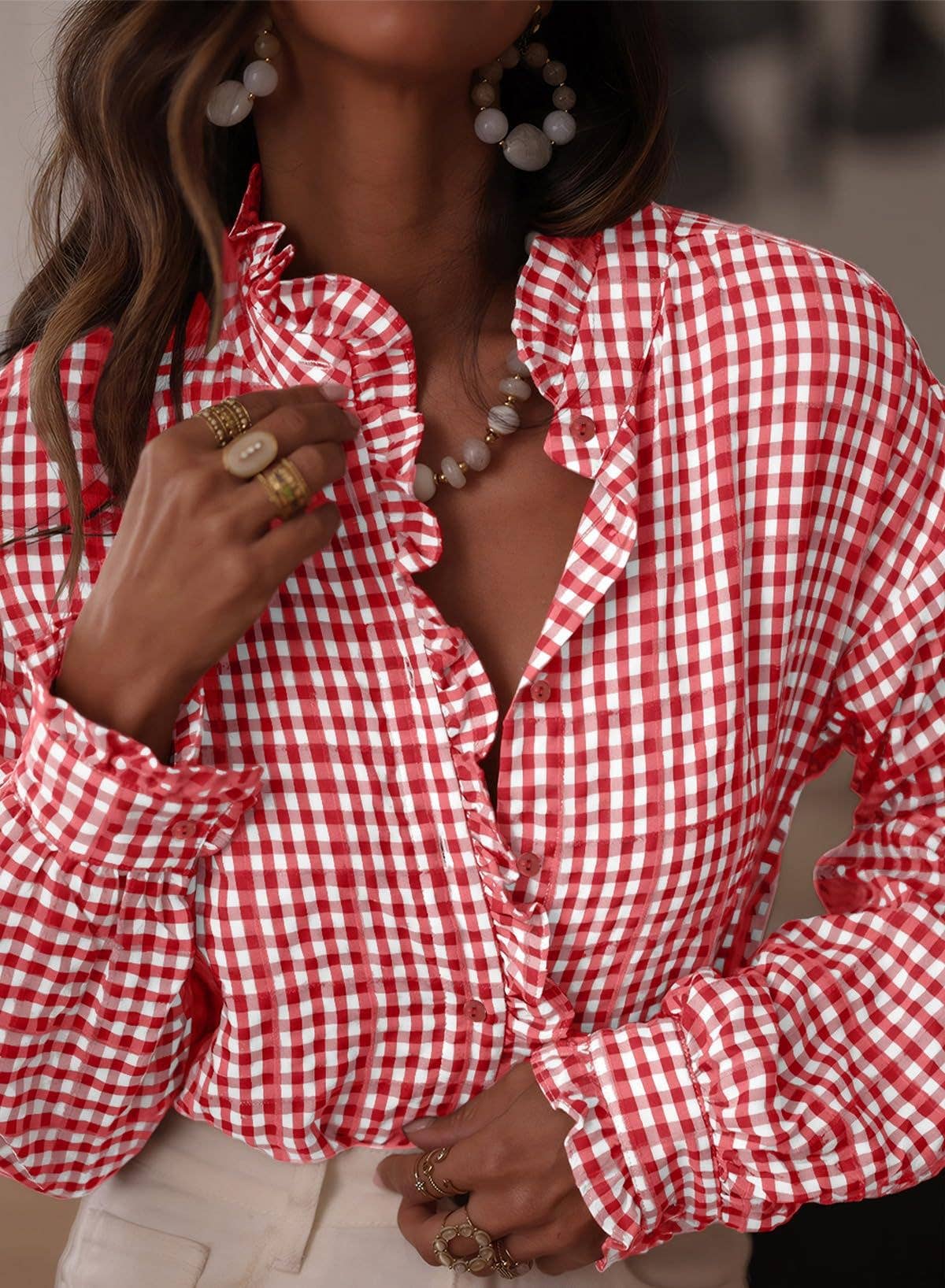 Gingham Check Plaid Ruffled Detail Shirt Blouse - RED - From Me To You