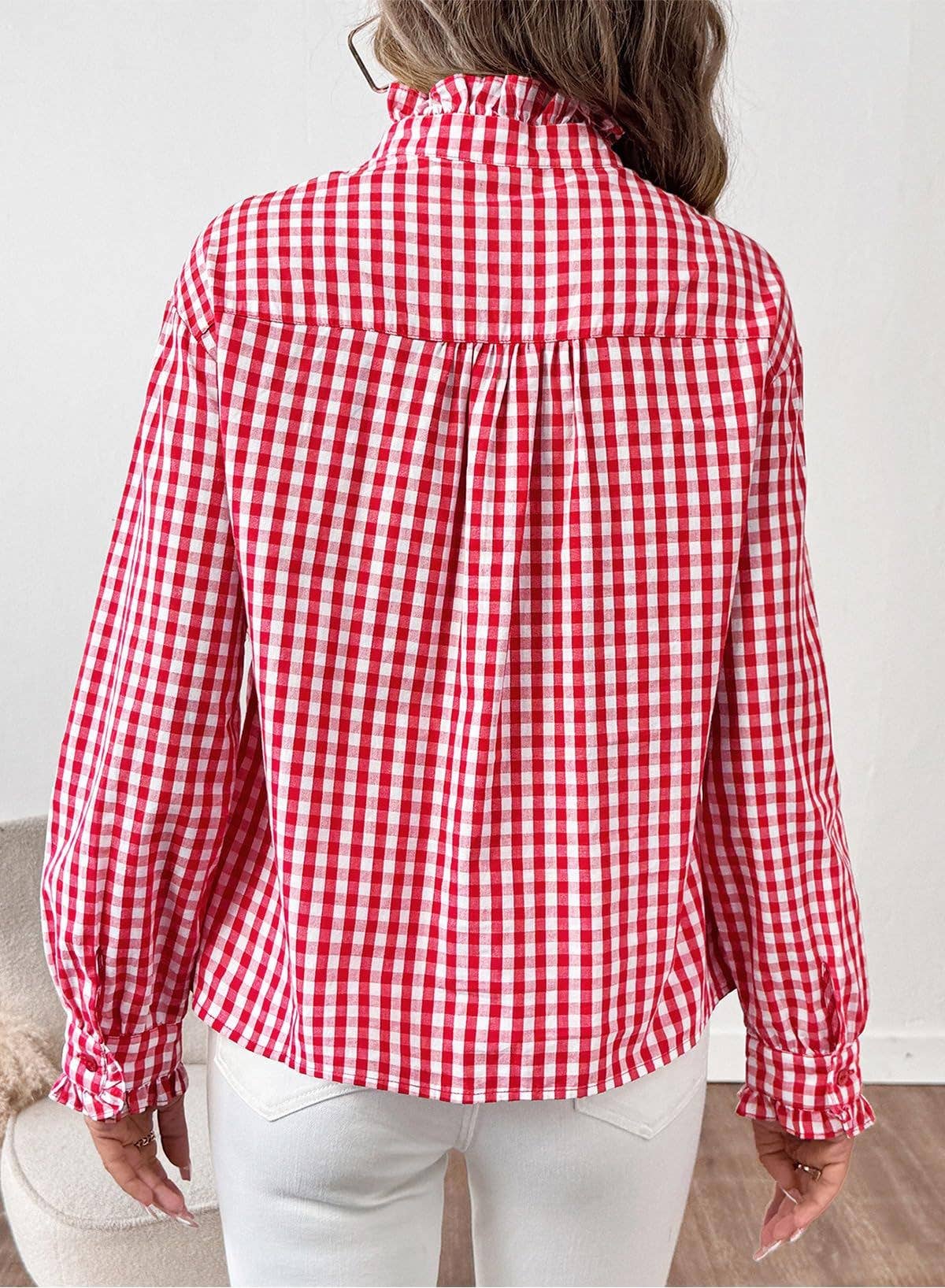 Gingham Check Plaid Ruffled Detail Shirt Blouse - RED - From Me To You