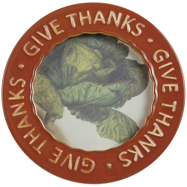 Creative Co-op Give Thanks Embossed Stoneware Photo Frame, round, reddish-brown with gold embossed text.