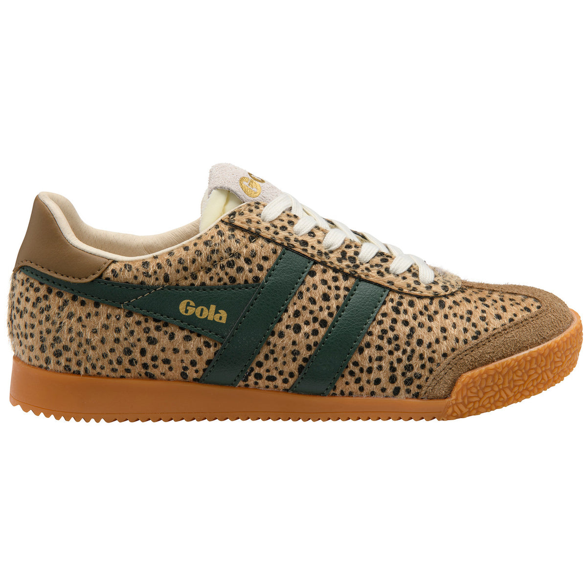 Gola Women's Elan Savanna Trainer shoe with a cheetah print upper, dark green stripes, and a gum sole.