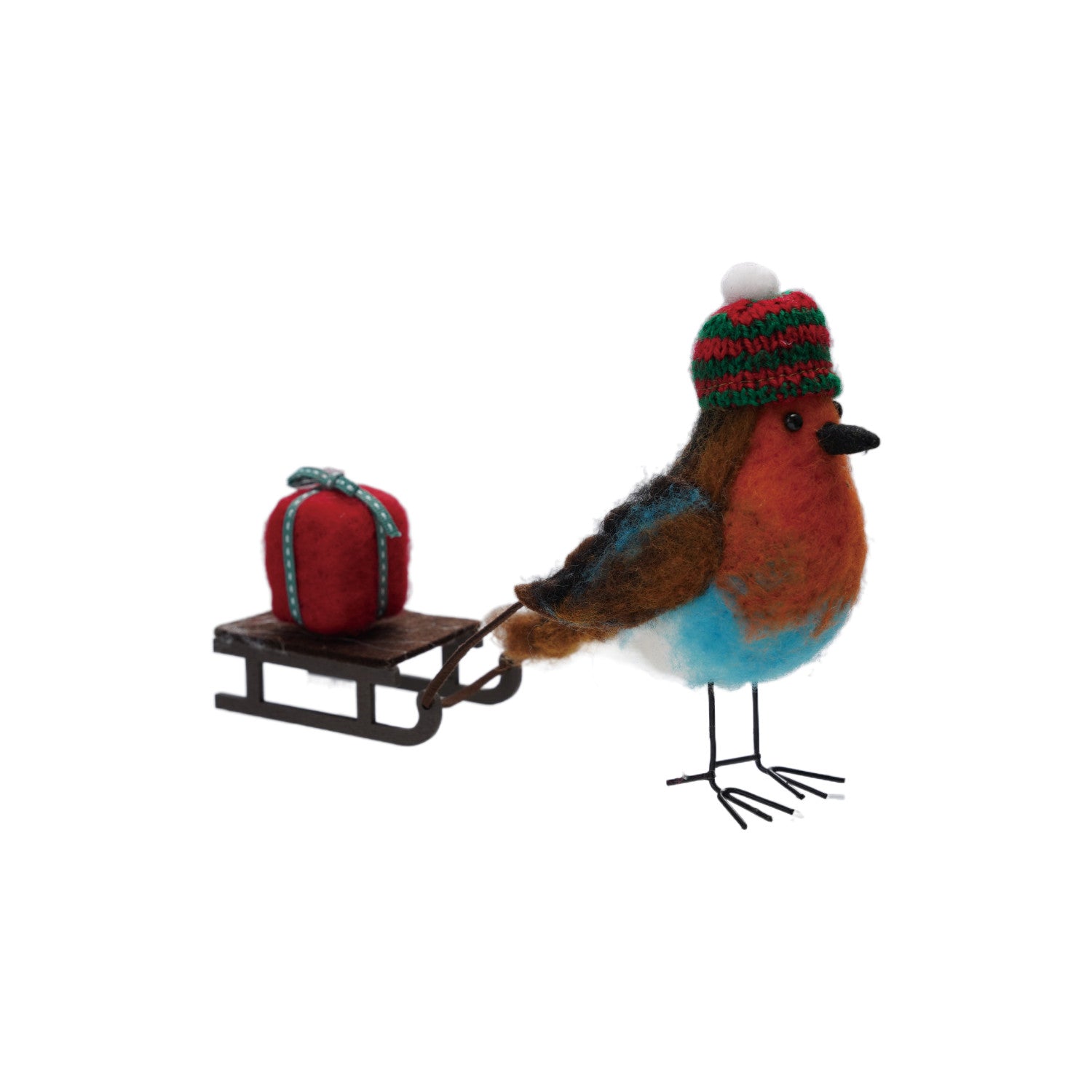 Handmade Wool Felt Robin Pulling Sleigh with Gift - From Me To You