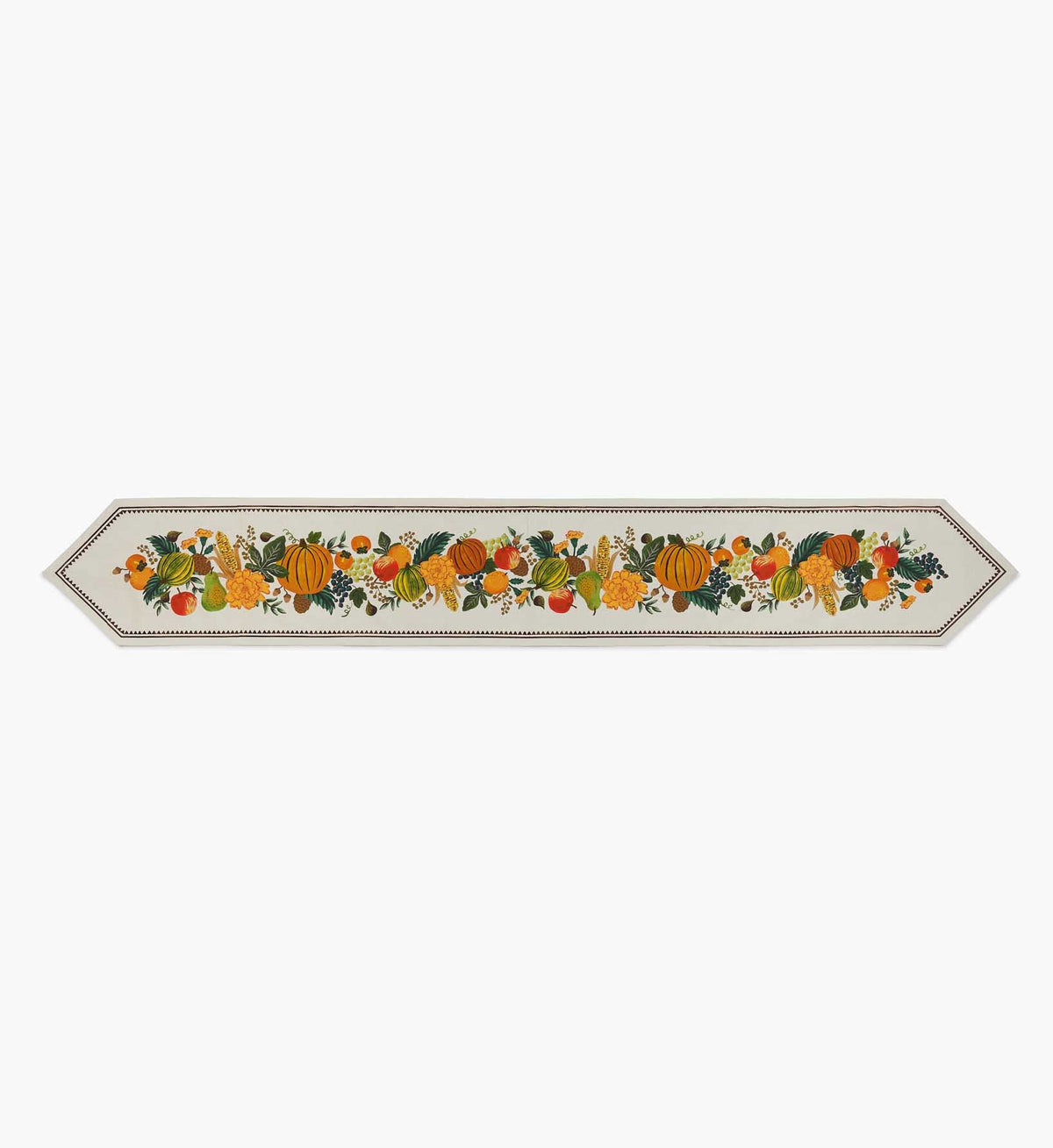 Rifle Paper Co. Harvest Table Runner (16x108) with pumpkins, gourds, corn, fruits, and fall foliage on white.