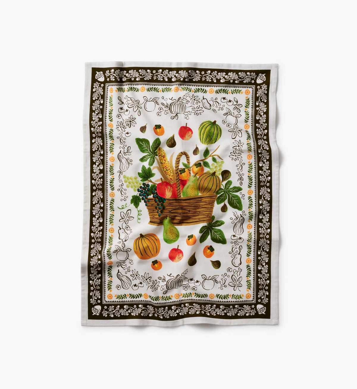 Rifle Paper Co. Harvest Tea Towel: White with colorful autumn fruit & vegetable print, basket of pumpkins, apples, grapes. Decorative border.
