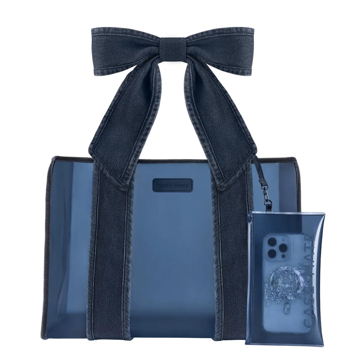 Case-Mate Jelly Tote with Phone Pouch and Denim Bow. Blue translucent tote bag with matching phone case inside clear pouch.