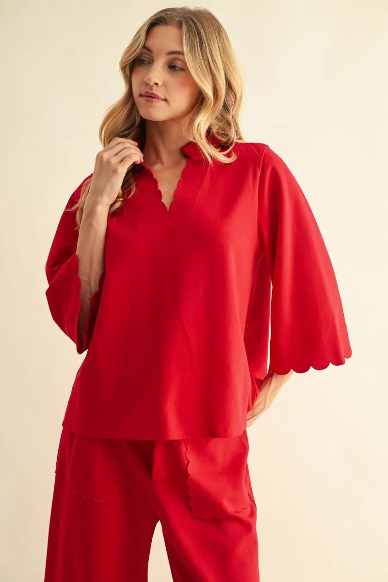 JODIFL-3/4 Sleeves Solid Top with scallop edge detail-Red - From Me To You