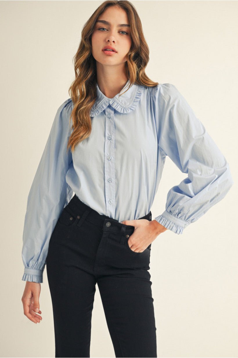 JODIFL B12571 - Ruffle cuffed long sleeves button down shirt - Chambray - From Me To You