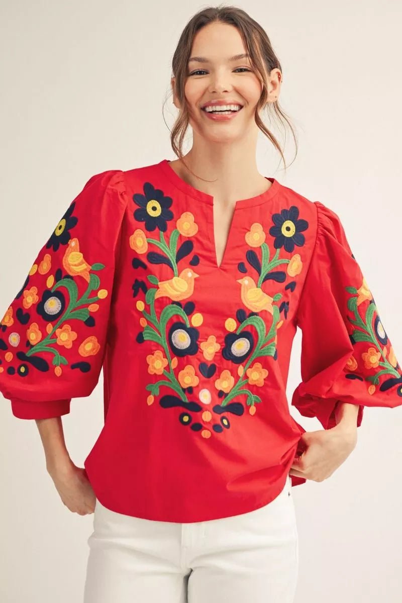 JODIFL B50784 3/4 puff sleeves notched v neck woven top with embroidery - From Me To You