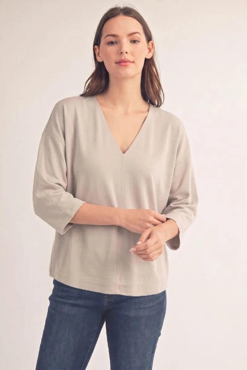 JODIFL-Drop shoulder 3/4 sleeves solid v neck top-Stone - From Me To You