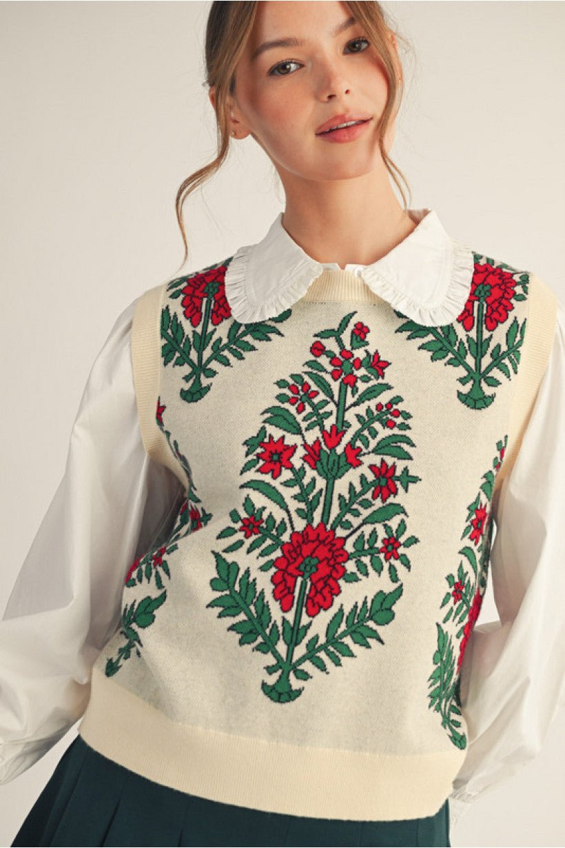 JODIFL H12670 Floral pattern lovely sweater Vest - Cream - From Me To You