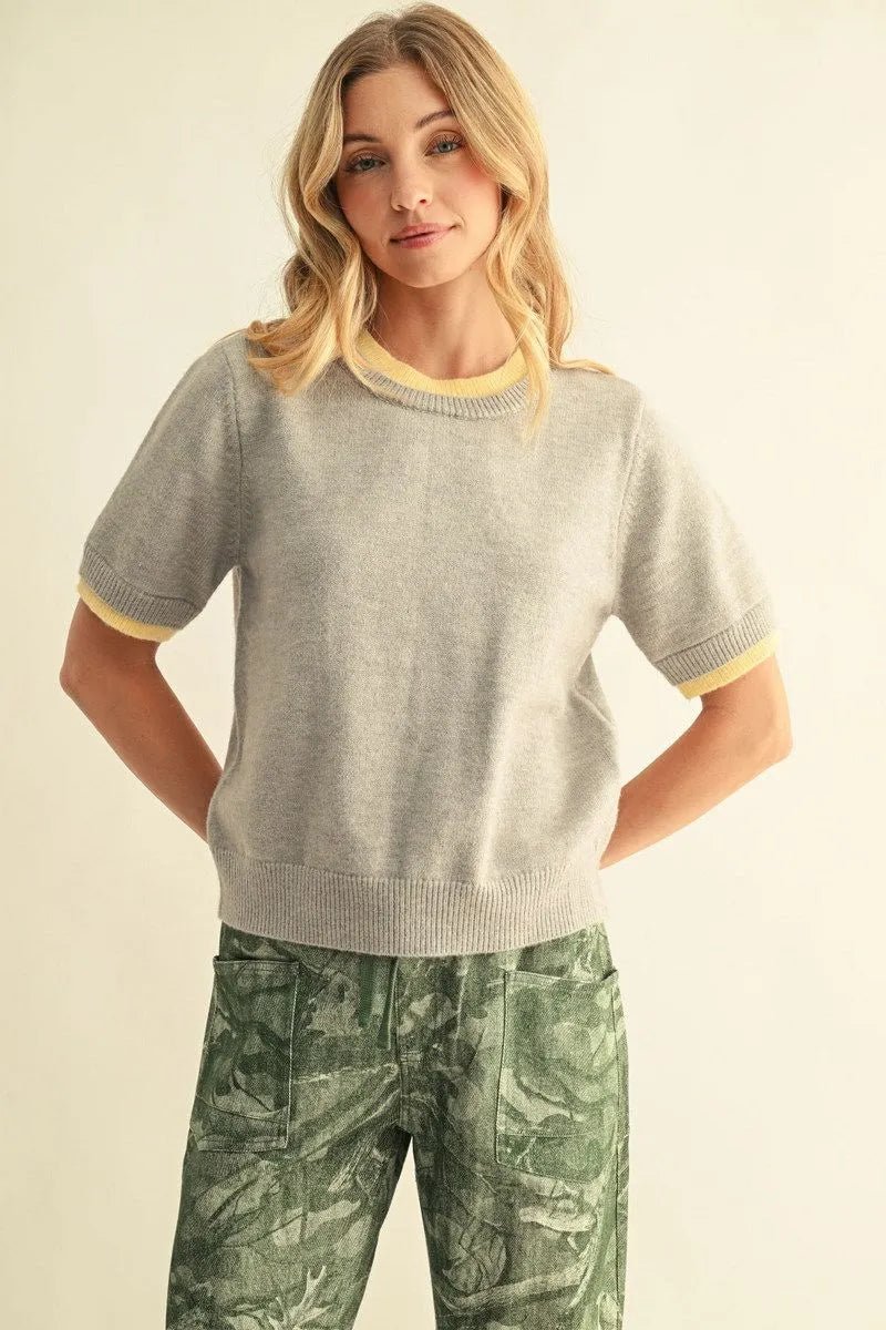 JODIFL-Short sleeve casual sweater top-Heather Grey - From Me To You