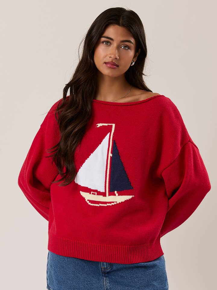 le lis - Boat Neck Sweater Top - Red - From Me To You