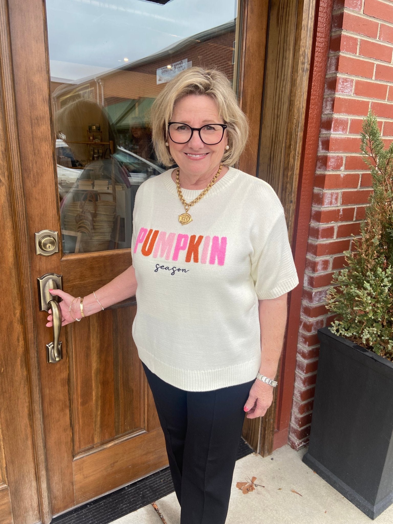 Main Strip Pumpkin Season Embroidered Short Sleeve Boxy Sweater - From Me To You