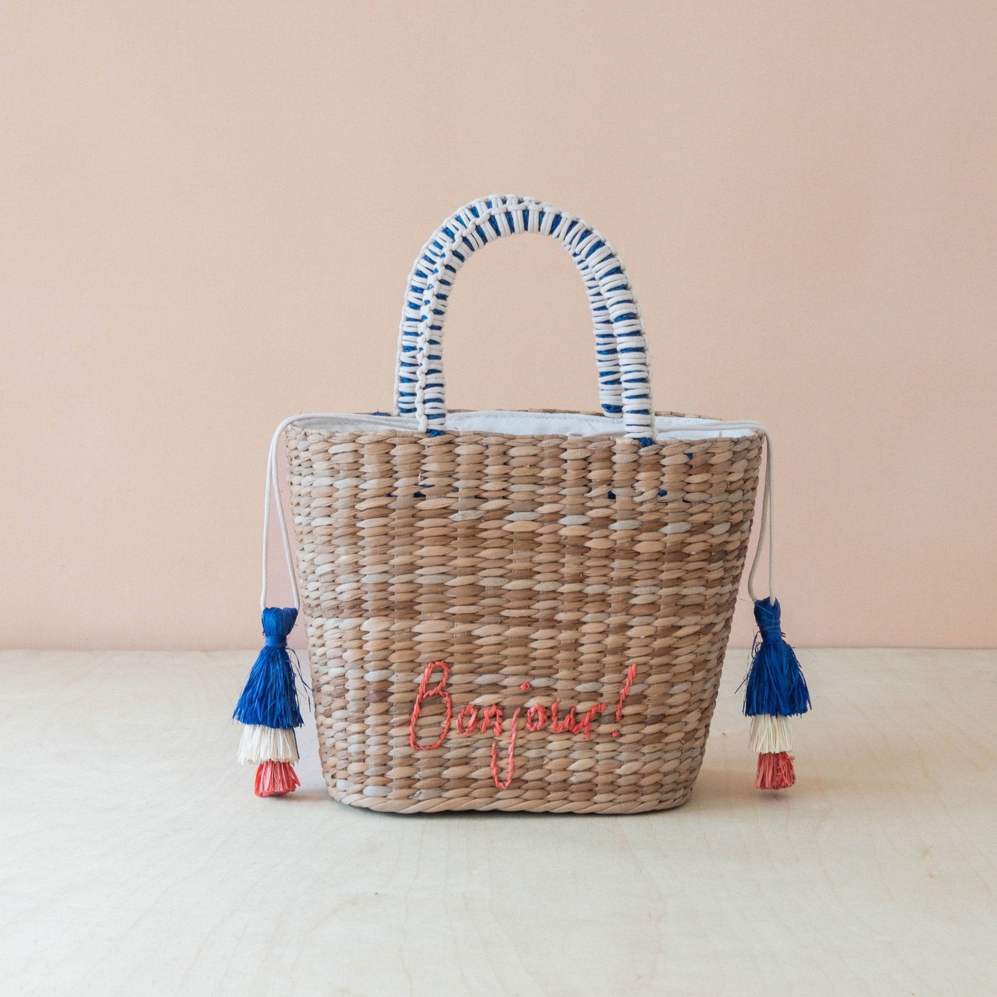 Mini Woven Tote Bag with Embroidered Bonjour – Handwoven Beach Tote | LIKHÂ - From Me To You
