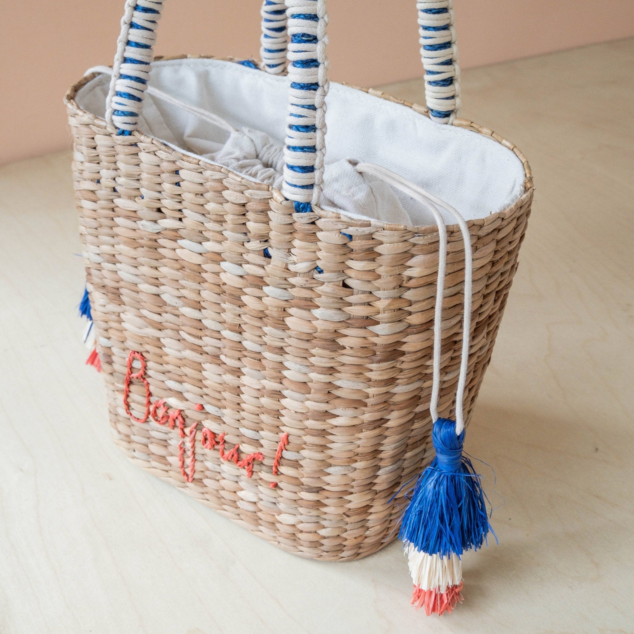 Mini Woven Tote Bag with Embroidered Bonjour – Handwoven Beach Tote | LIKHÂ - From Me To You