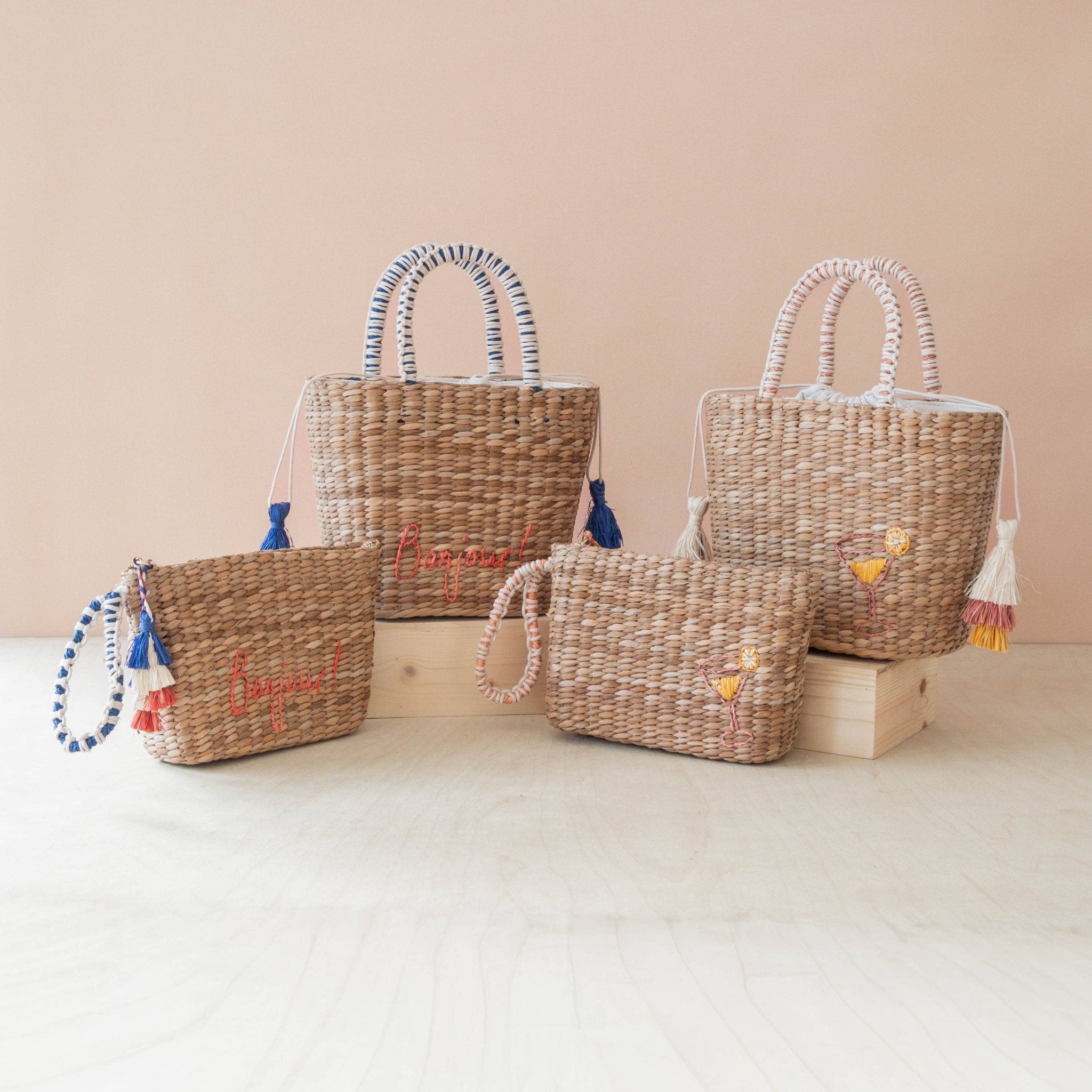 Mini Woven Tote Bag with Embroidered Bonjour – Handwoven Beach Tote | LIKHÂ - From Me To You