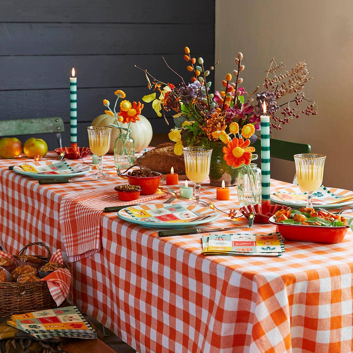 Orange & White Fabric Gingham Tablecloth | Halloween | - From Me To You