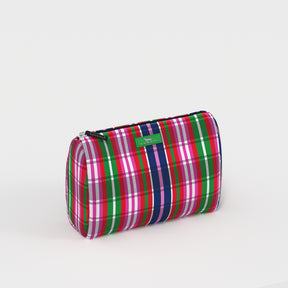 SCOUT Packin' Heat Toiletry Bag with a vibrant plaid pattern in red, green, white, pink, and navy blue.