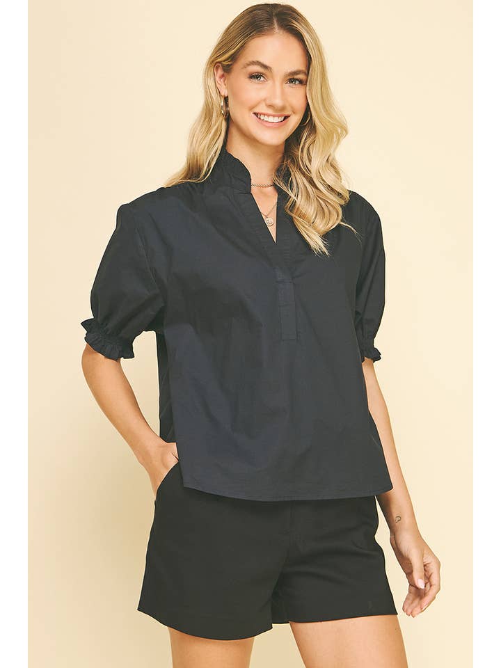 Pinch-Balloon Sleeve Blouse Top-Denim Black - From Me To You