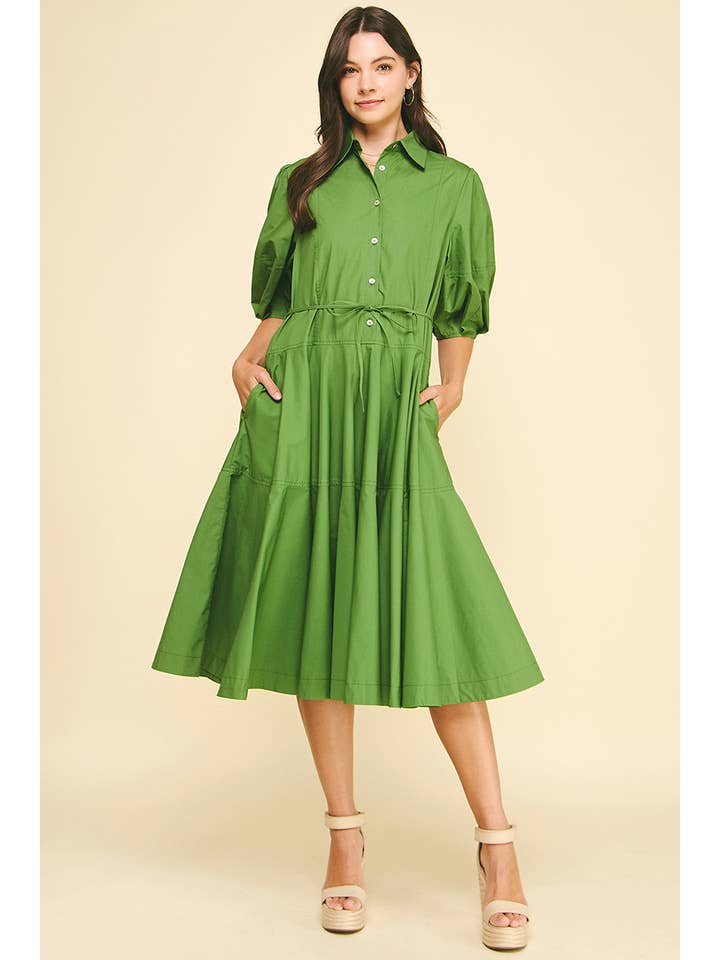 Pinch - Button Down Tiered Midi Dress - Moss Green - From Me To You