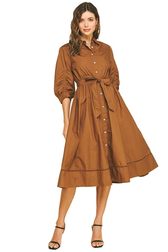 Pinch - Eyelet Detailed Button Brown Midi Dress - BROWN - From Me To You