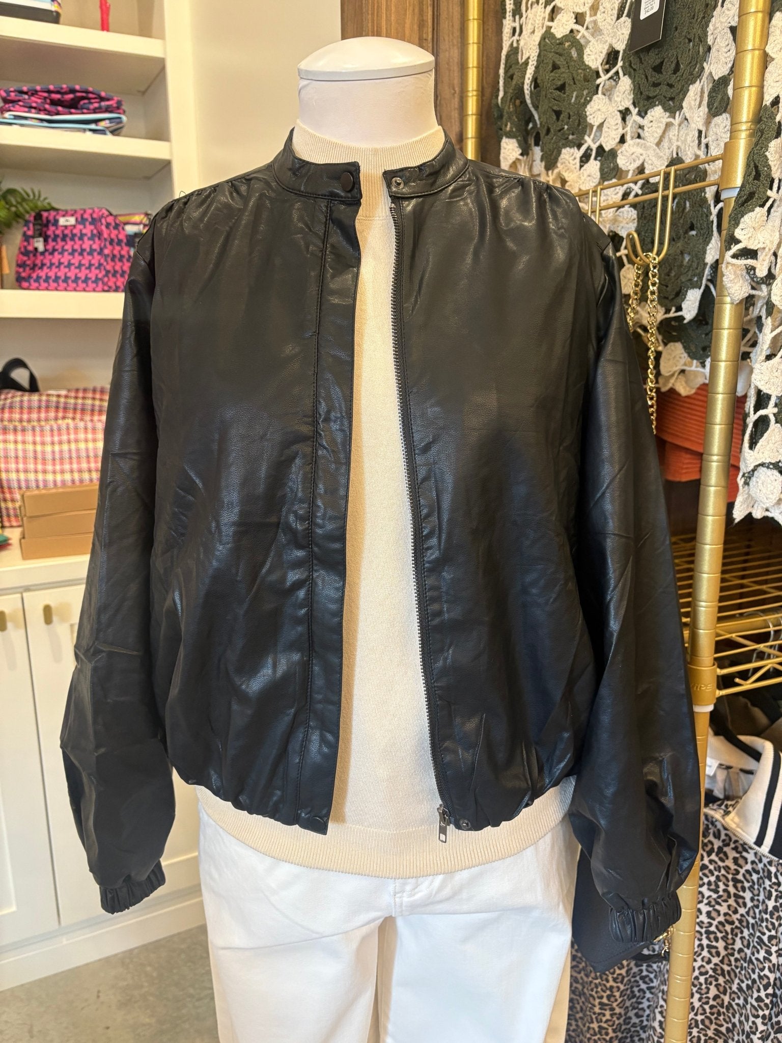Pinch - Faux Leather Bomber Jacket - BLACK - From Me To You