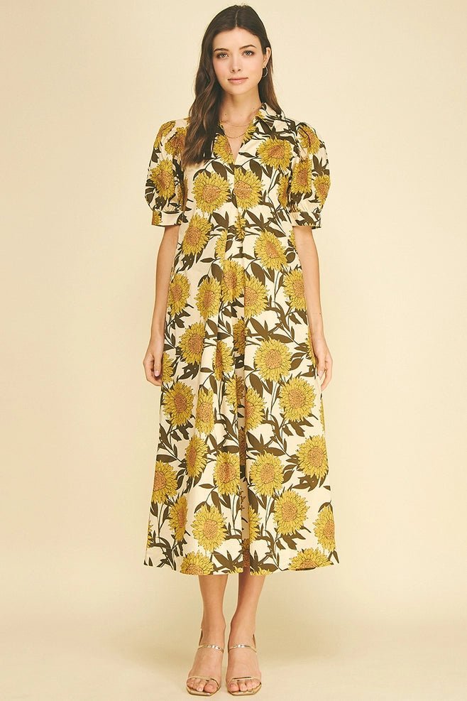 Pinch-Pinch Golden Sunflower Puff Sleeve Midi Dress - From Me To You