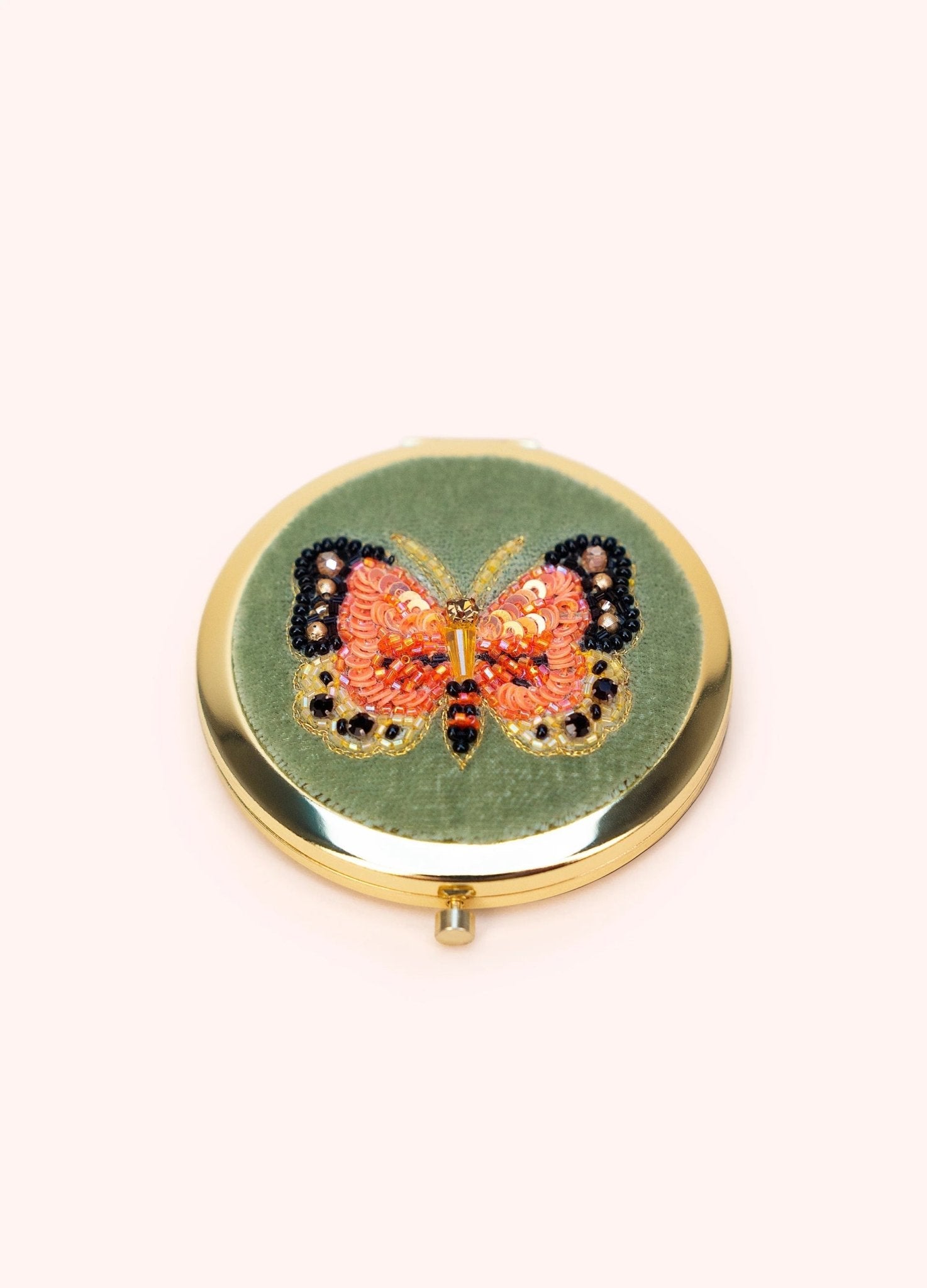 Powder - Embroidered Round Compact Mirror - Bonny Butterfly - Green - From Me To You