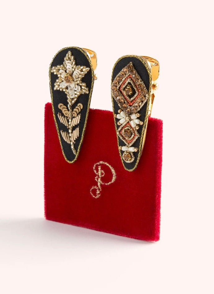 Powder - Jeweled Hair Clips (Set of 2) - JEW47 - Midnight Floral and Deco Hair Clips - From Me To You