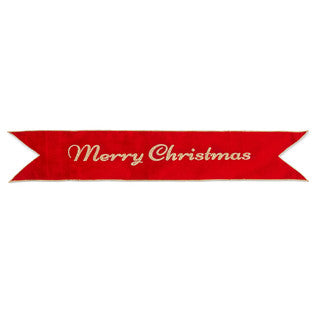 Red Merry Christmas Banner from RAZ Imports, featuring gold 'Merry Christmas' text on a vibrant red ribbon banner.