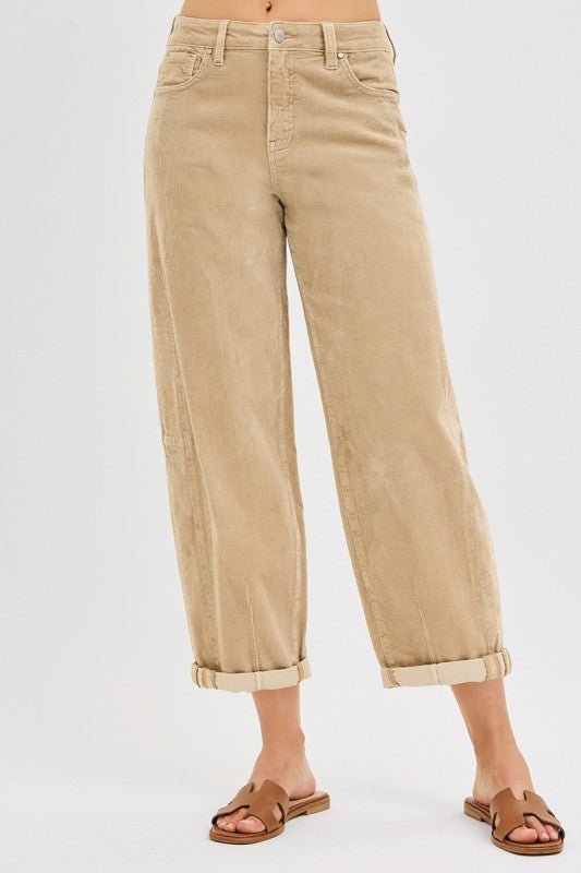 Risen High Rise Crop Barrel Corduroy Pants - TAN - From Me To You