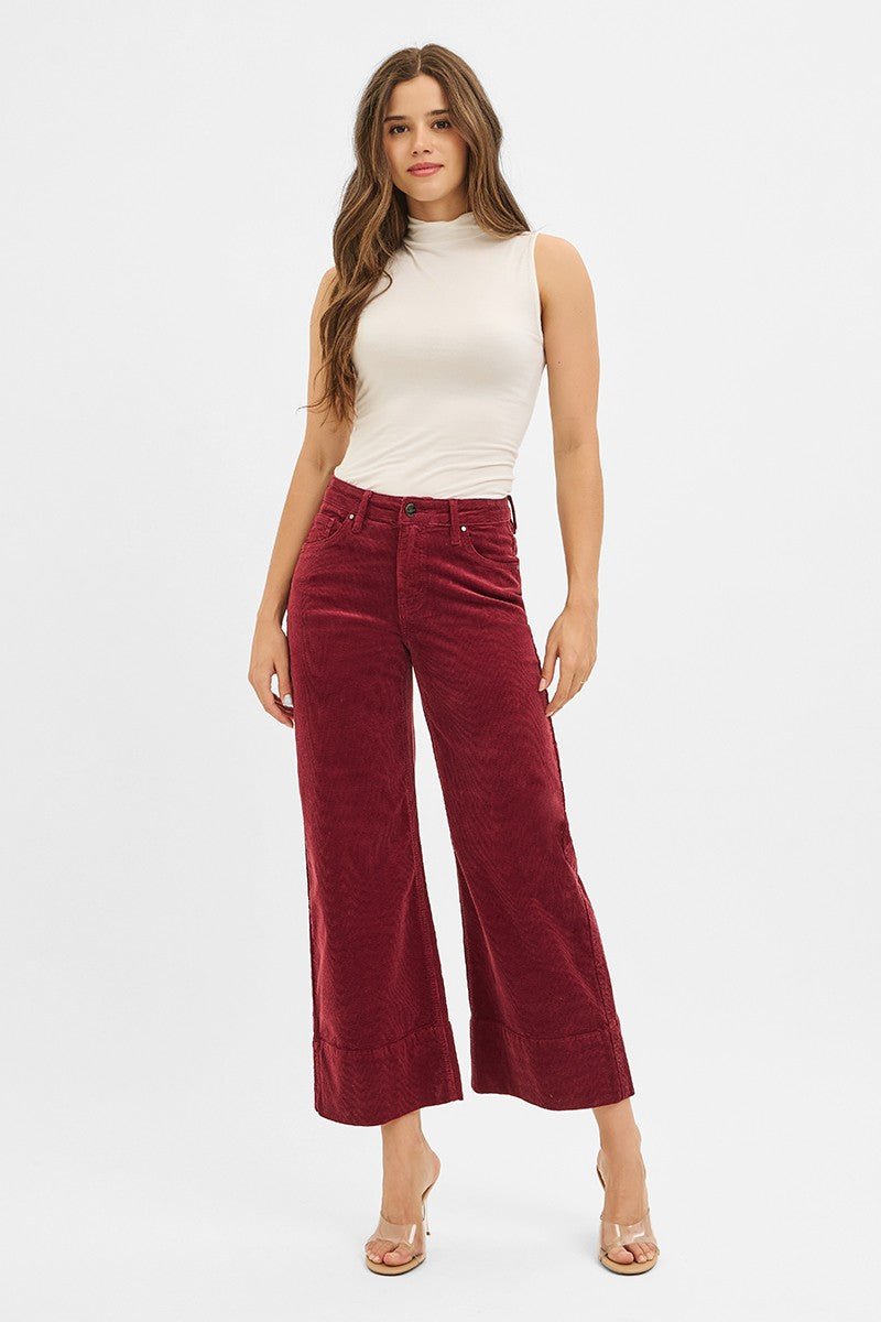 Risen High Rise Crop Barrel Corduroy Pants - WINE - From Me To You