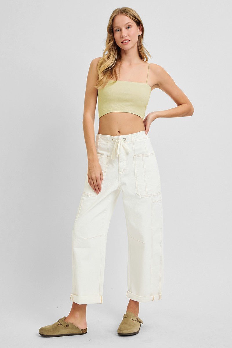 Risen High Rise Crop Wide Barrel Cargo Pocket Cuffed Pants - Cream - From Me To You