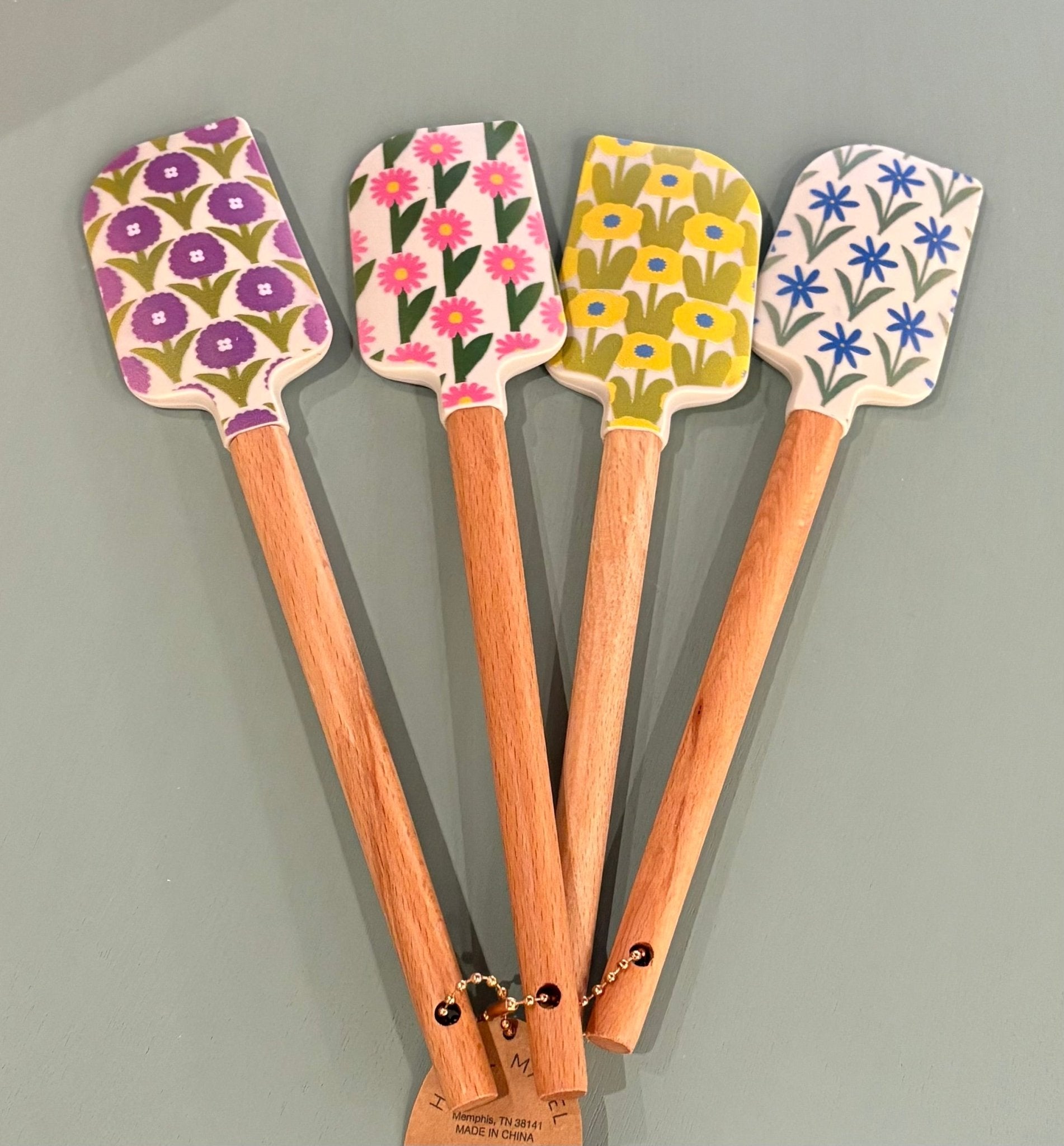 S/4 8 - 3/4"L Silicone & Wood Spatulas w/ Flower Pattern - From Me To You