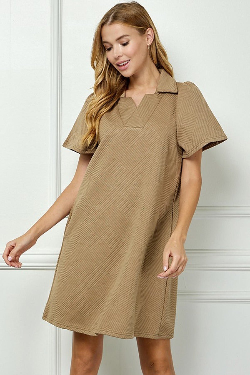 See And Be Seen Collared Textured Dress - Tan - From Me To You