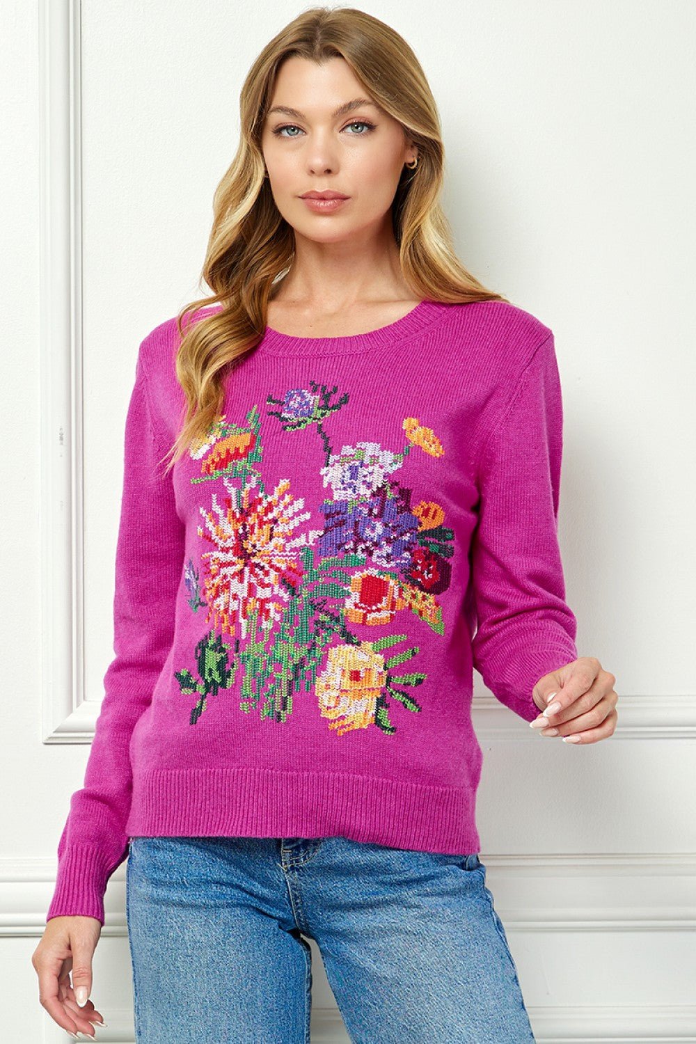 See And Be Seen Embroidery Long Sleeve Sweater Top - Magenta - From Me To You