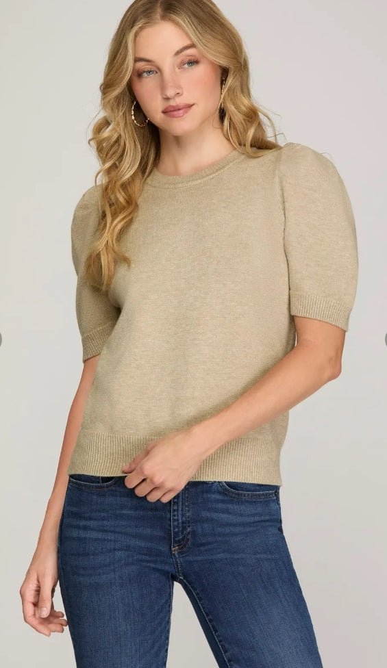 She + Sky SHORT SLEEVE SWEATER TOP - TAUPE GREY - From Me To You