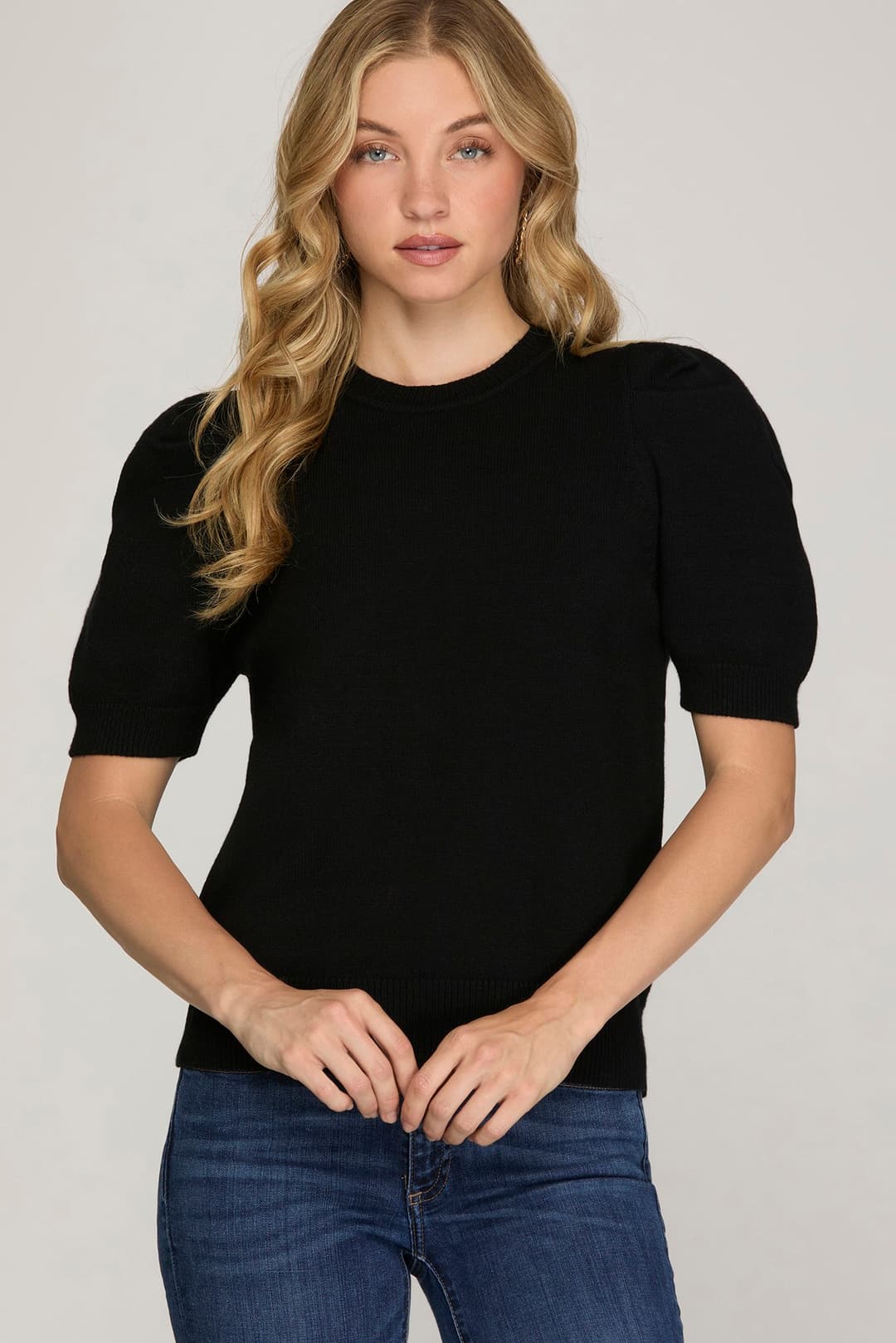 SHORT SLEEVE SWEATER TOP-Black - From Me To You