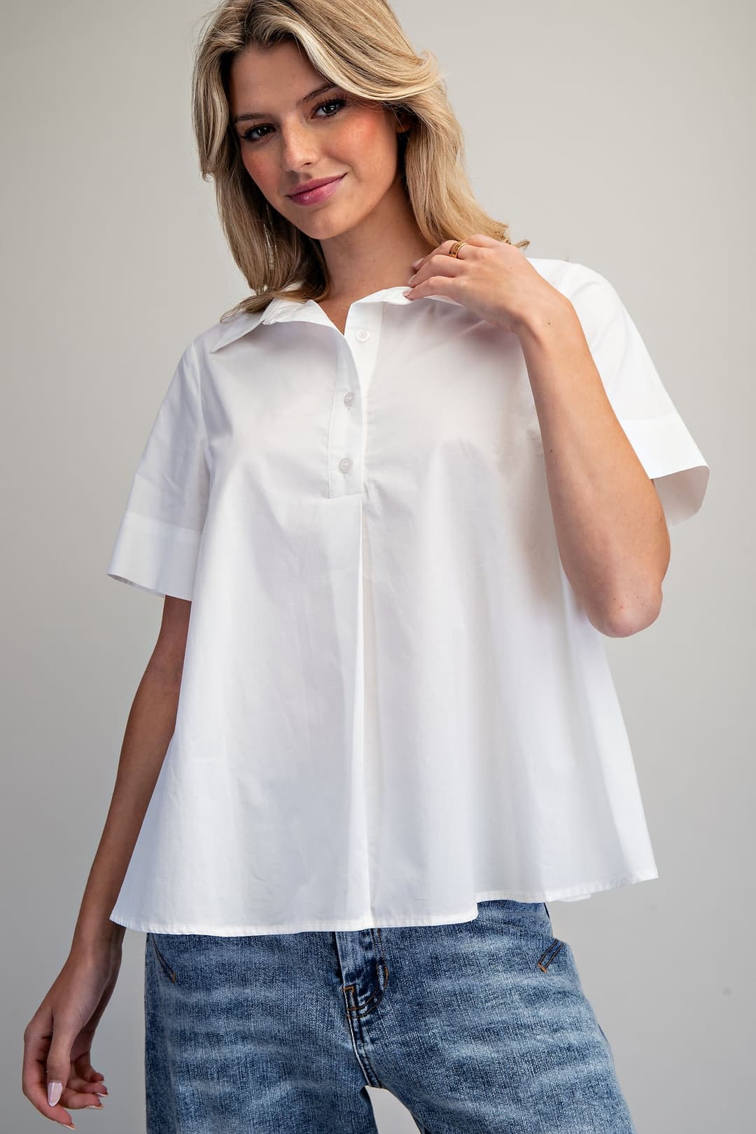 Solid Collard Short Sleeve Blouse - OffWhite - From Me To You