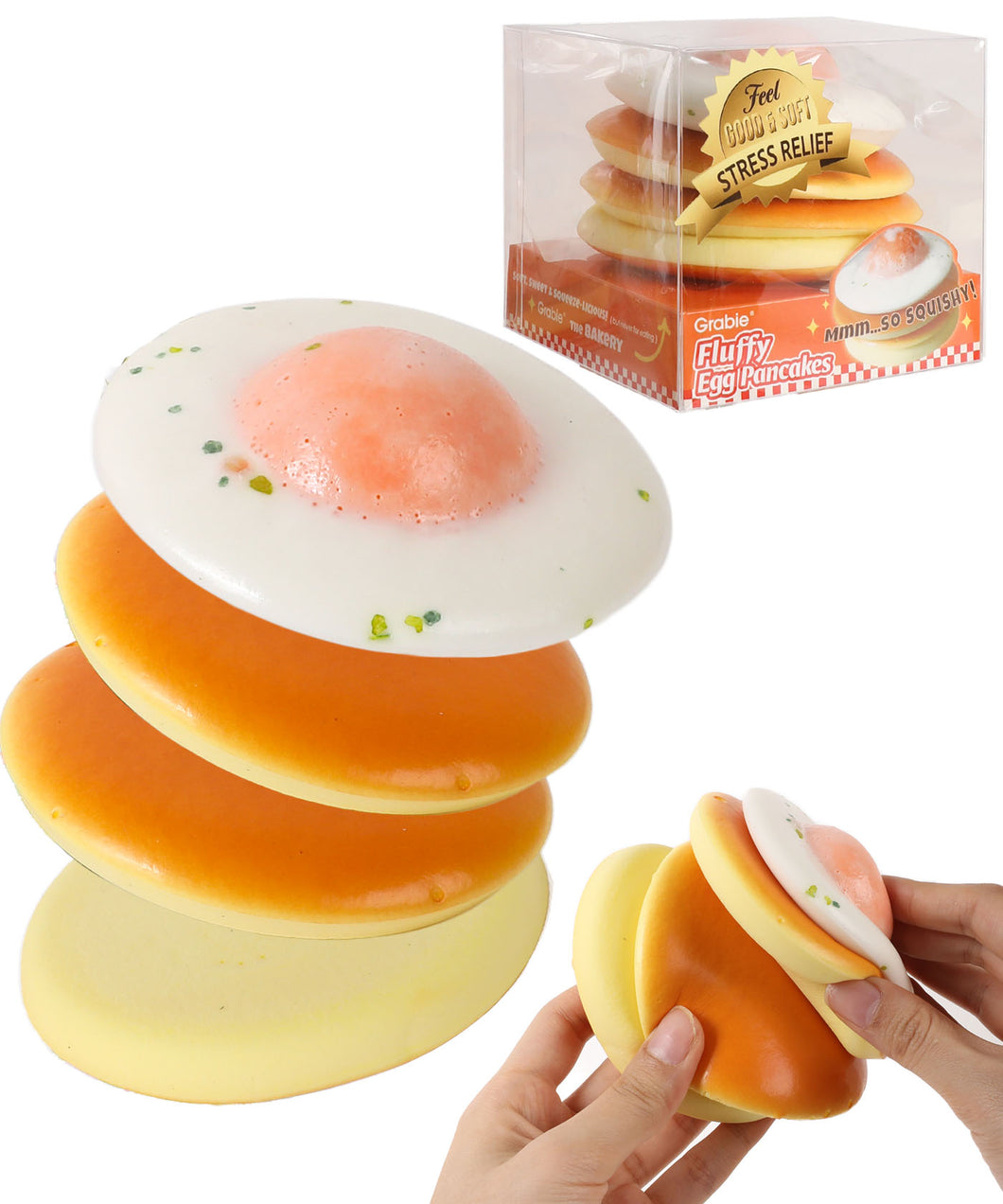 Grabie Fluffy Egg Pancakes squishy stress relief toy. Stack of pancake and fried egg squishies shown with packaging & hand squeezing.