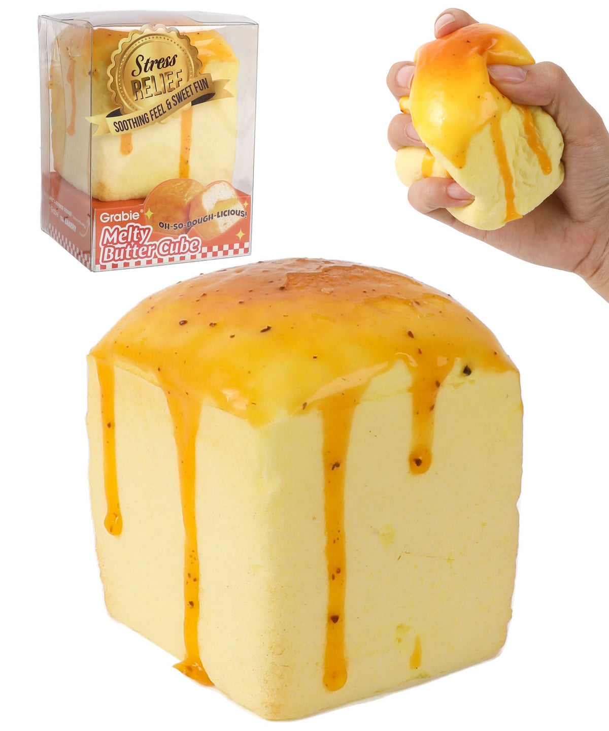 Grabie Melty Butter Cube squishy, yellow with realistic dripping 'butter' sauce. Hand squeezing it, and product in package.