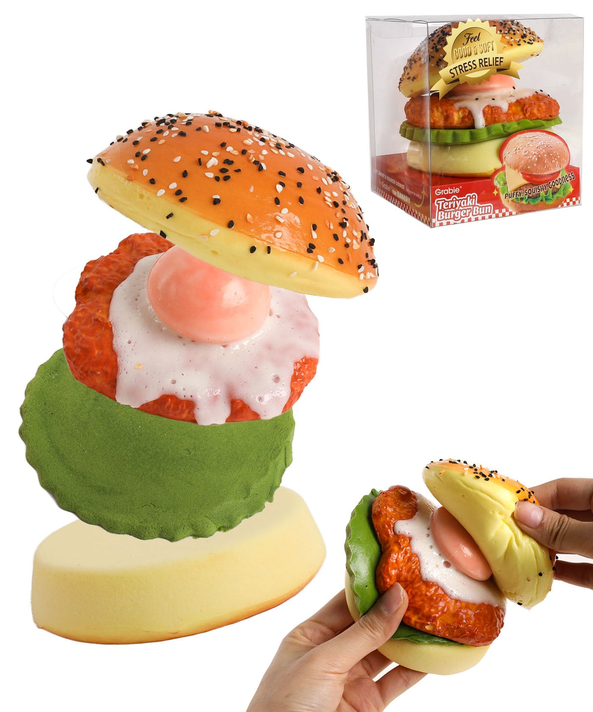 Grabie Teriyaki Burger Bun squishy toy, showing deconstructed layers & being squeezed, for stress relief. Puffy and soft.