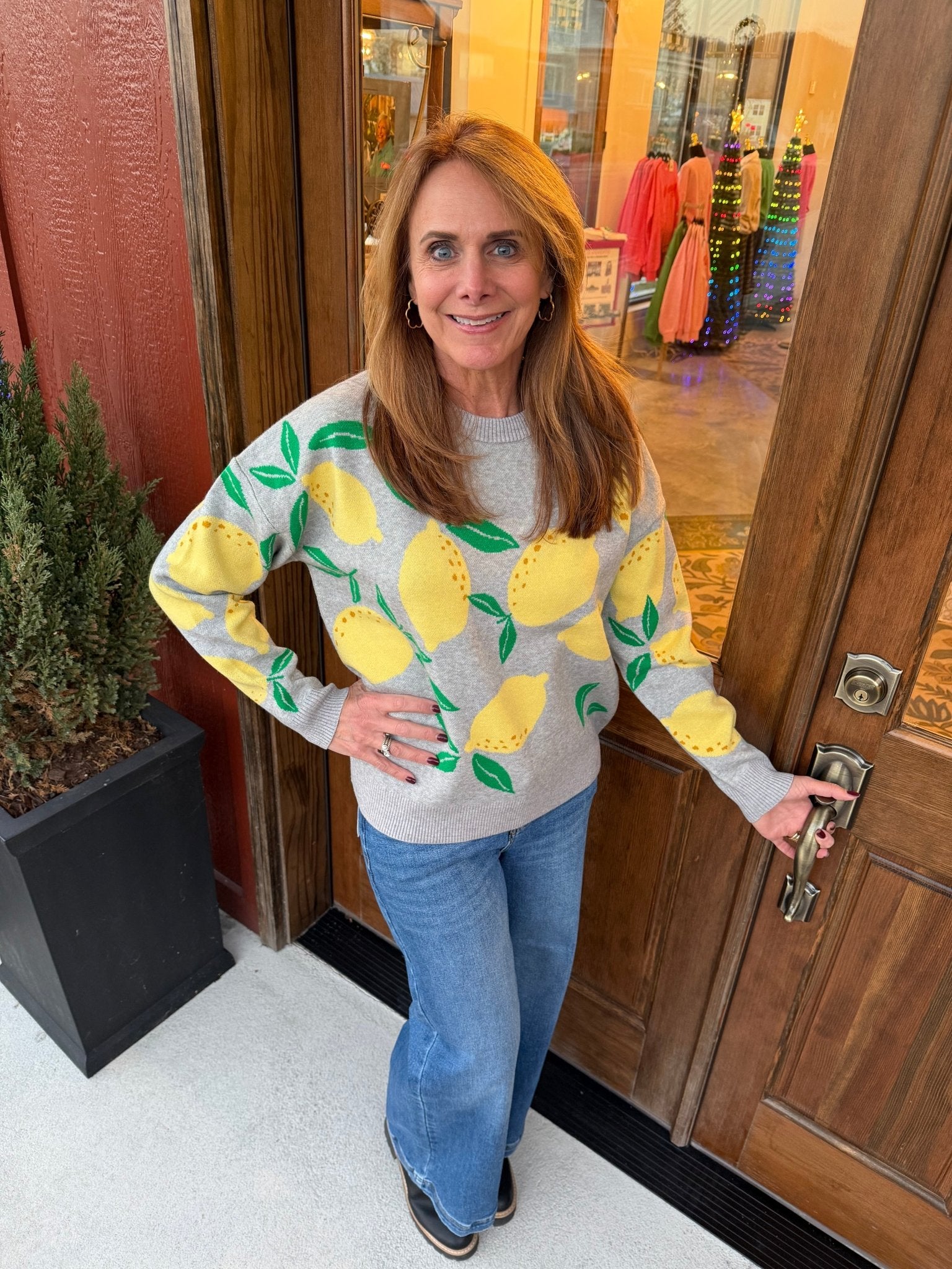 Staccato Lemon Jacquard, Crew Neck, Pullover Sweater - From Me To You