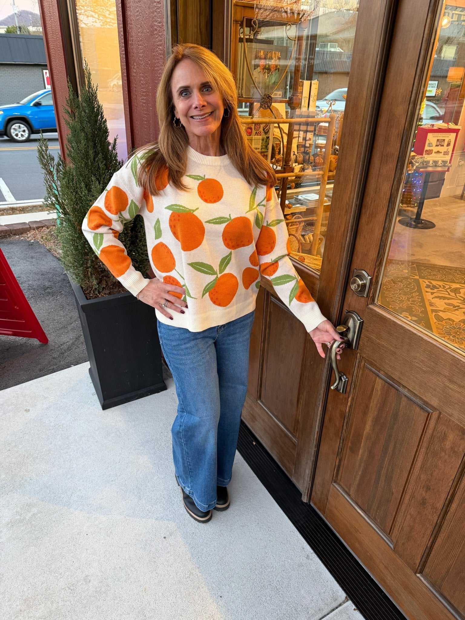 Staccato Orange Jacquard, Crew Neck, Pullover Sweater - From Me To You