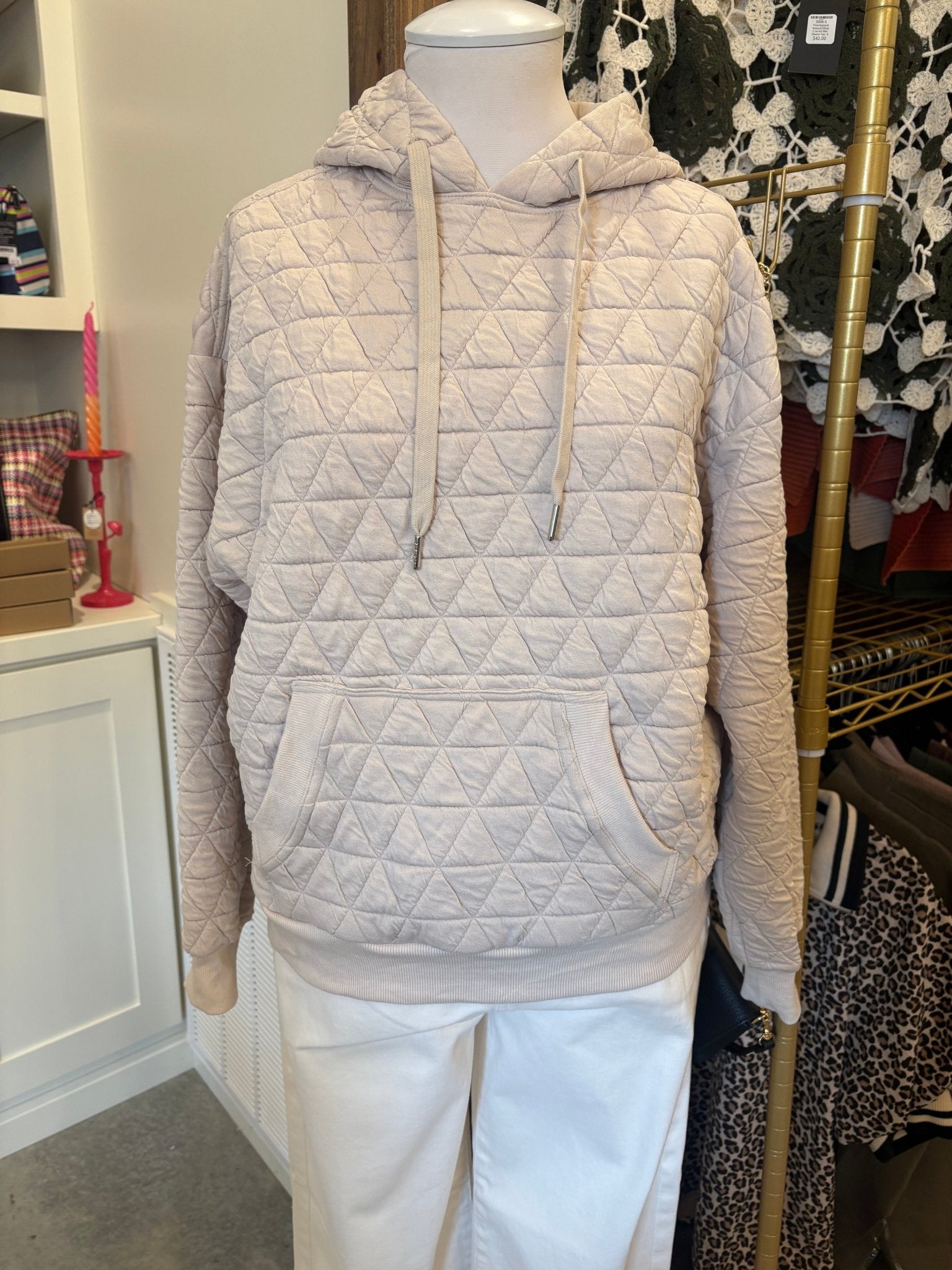 Staccato Quilted Knit Pullover Hoodie - Cream - From Me To You