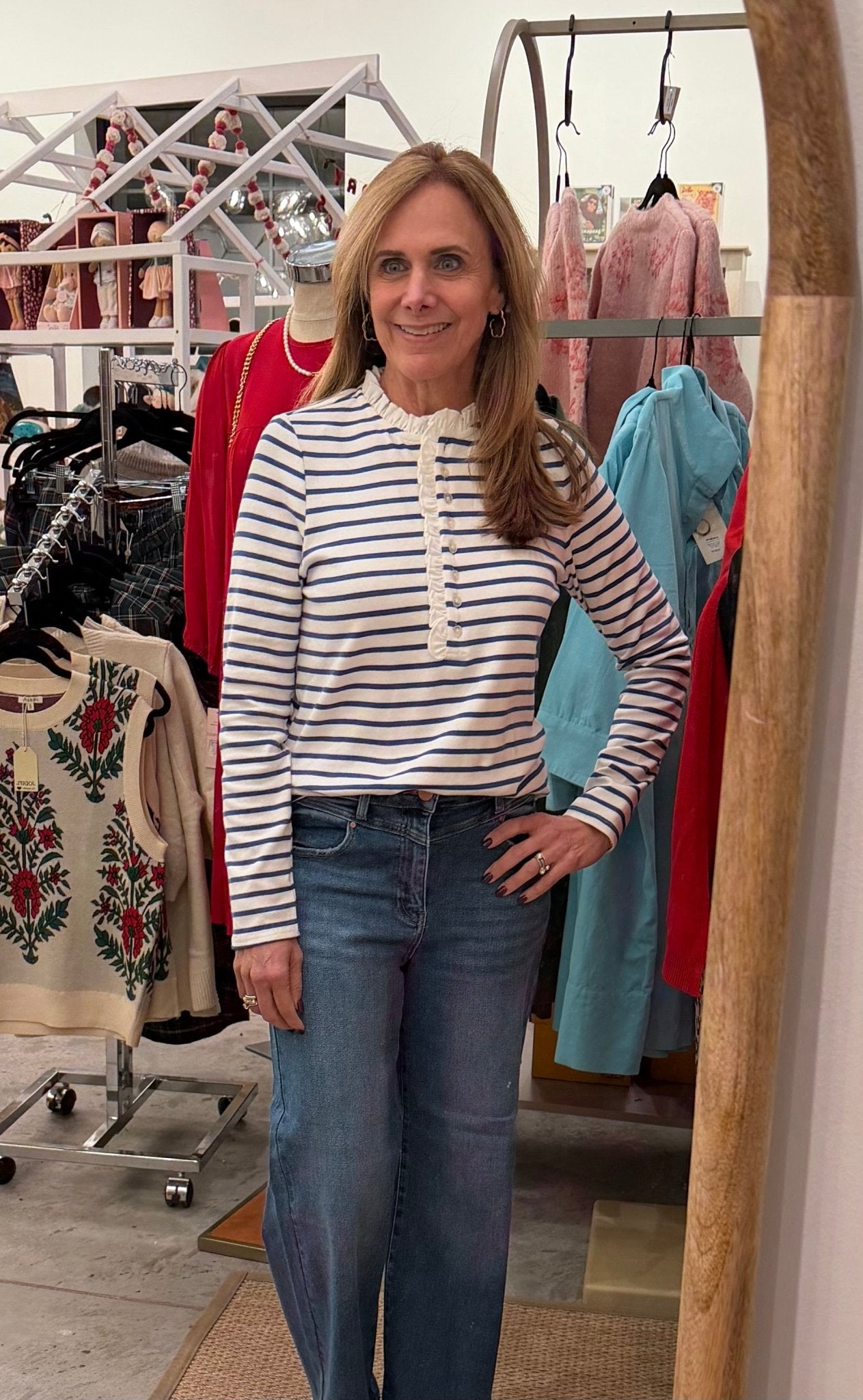 Staccato STRIPE, RUFFLE NECK COLLAR, BUTTON FRONT - Blue - From Me To You