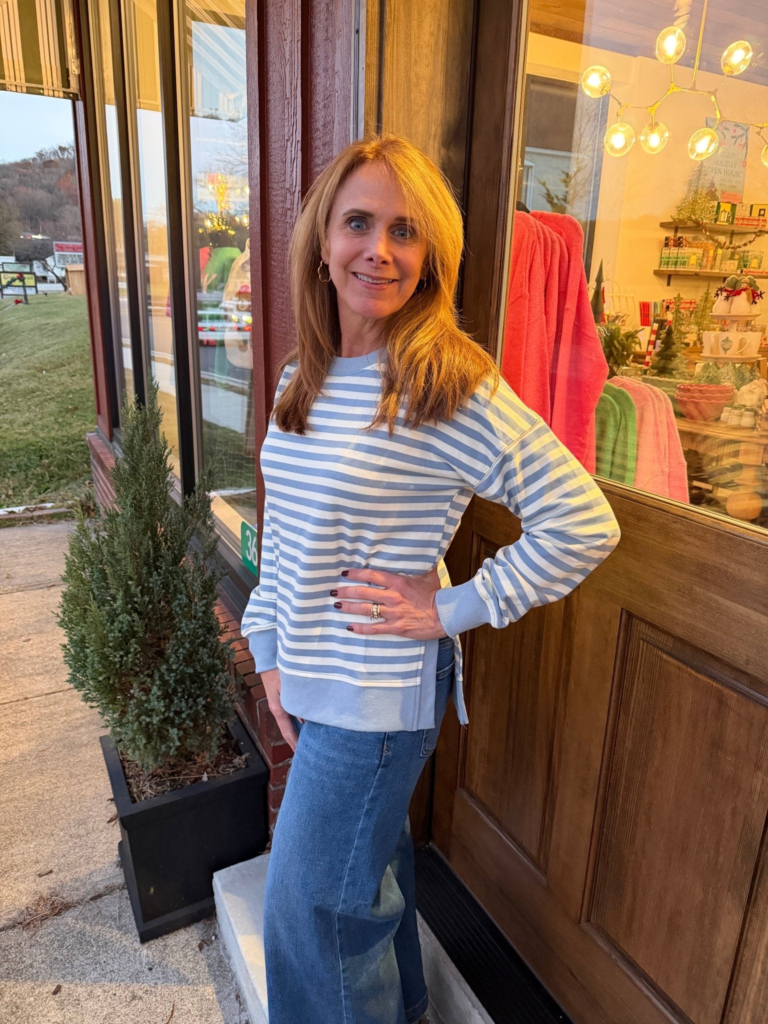 Staccato STRIPE,CREW NECK,SIDE SPLIT HEM, RELAXED FIT PULLOVER - Sky Blue - From Me To You