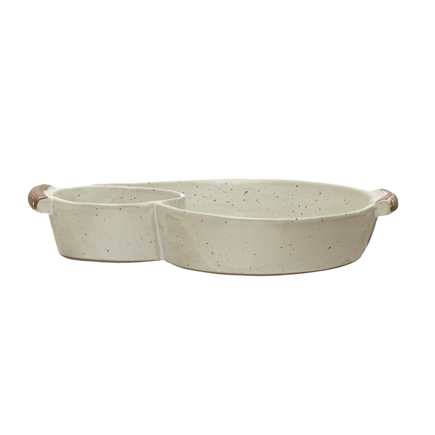 Stoneware Dish w/ 2 Sections & Handles, Reactive Glaze, Cream Color (Each One Will Vary) - From Me To You