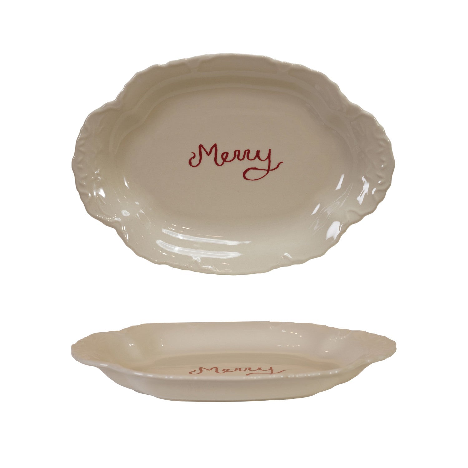 Stoneware Scalloped Platter with Embossed Edge "Merry" - From Me To You